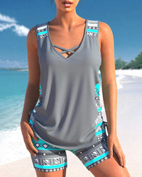 Damen-Tankini-Set, ärmellos, mit Überkreuz-Ausschnitt und Shorts | Sport