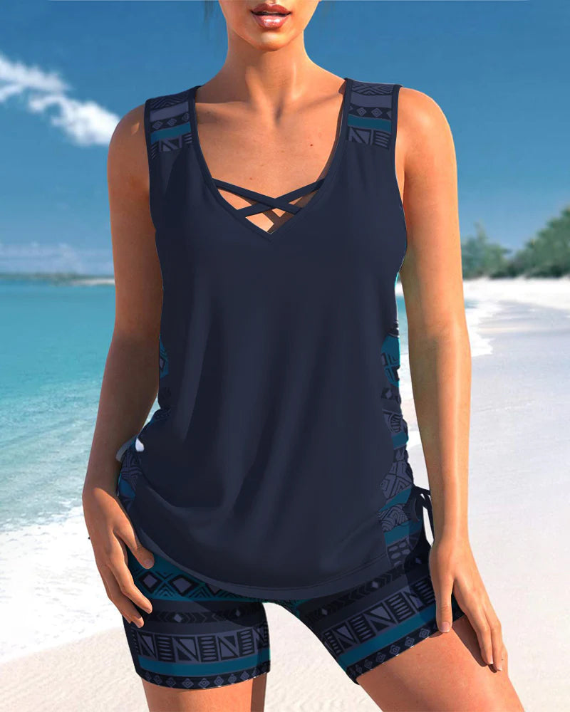 Damen-Tankini-Set, ärmellos, mit Überkreuz-Ausschnitt und Shorts | Sport