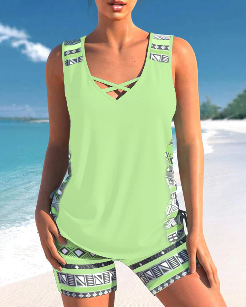 Damen-Tankini-Set, ärmellos, mit Überkreuz-Ausschnitt und Shorts | Sport