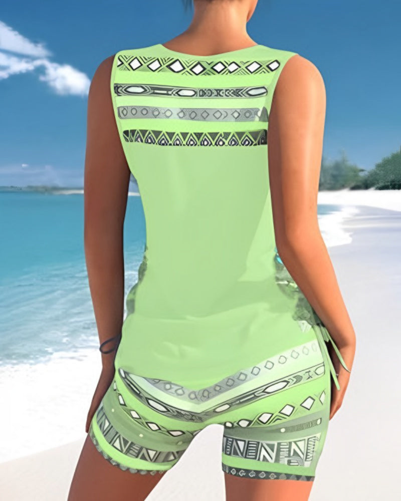 Damen-Tankini-Set, ärmellos, mit Überkreuz-Ausschnitt und Shorts | Sport