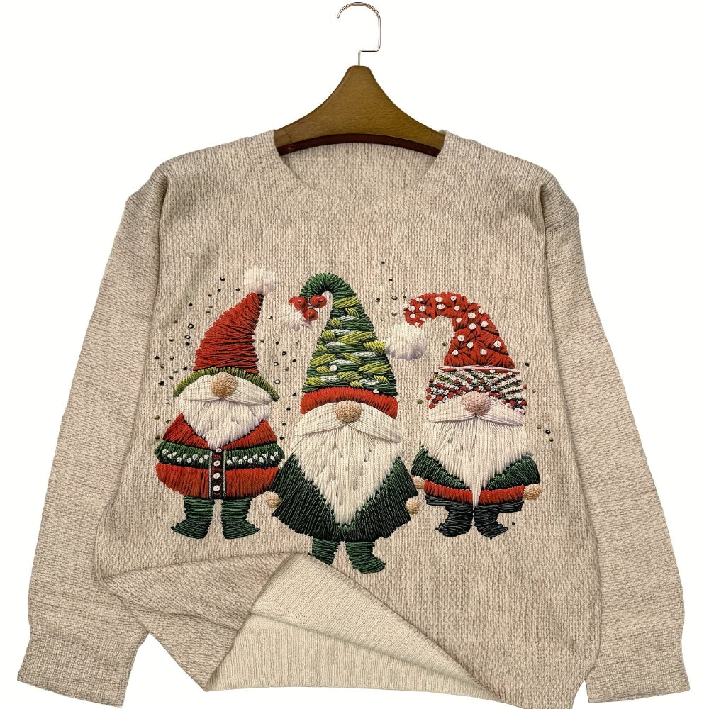 Damen-Weihnachtspullover mit lustigem gesticktem Wichtelmotiv
