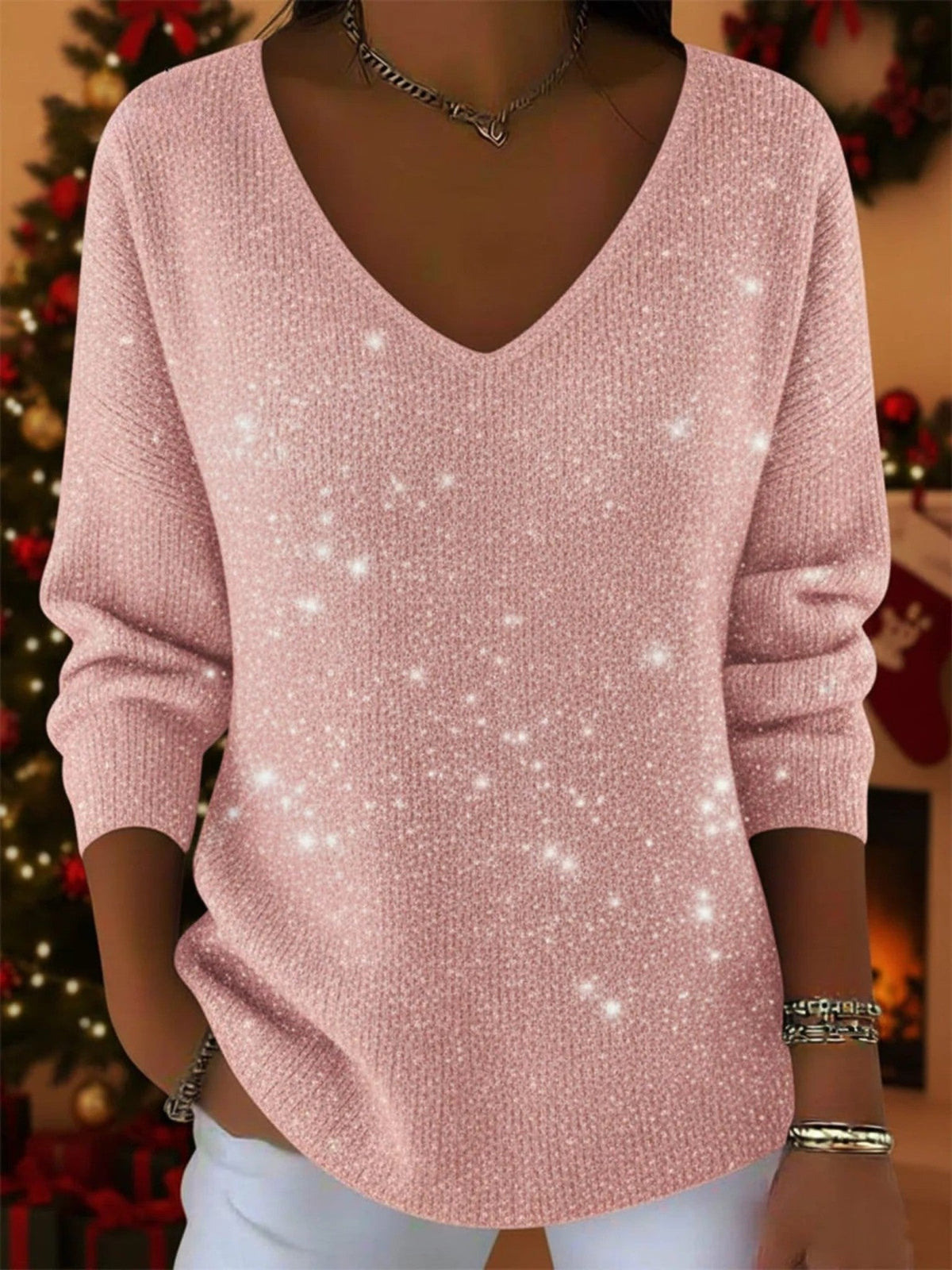 Damen-Weihnachtspullover mit V-Ausschnitt und Pailletten