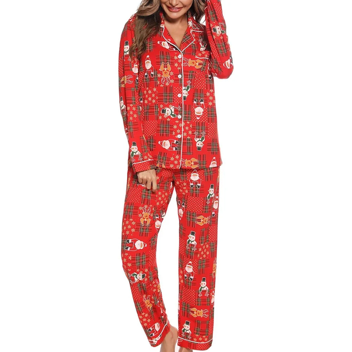 Damen-Weihnachtsschlafanzug – Durchgeknöpftes Oberteil und lange Hose mit festlichem Print