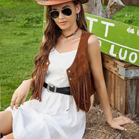 Damen-Wildlederweste – Boho-Weste mit Fransen und Knopfdetails