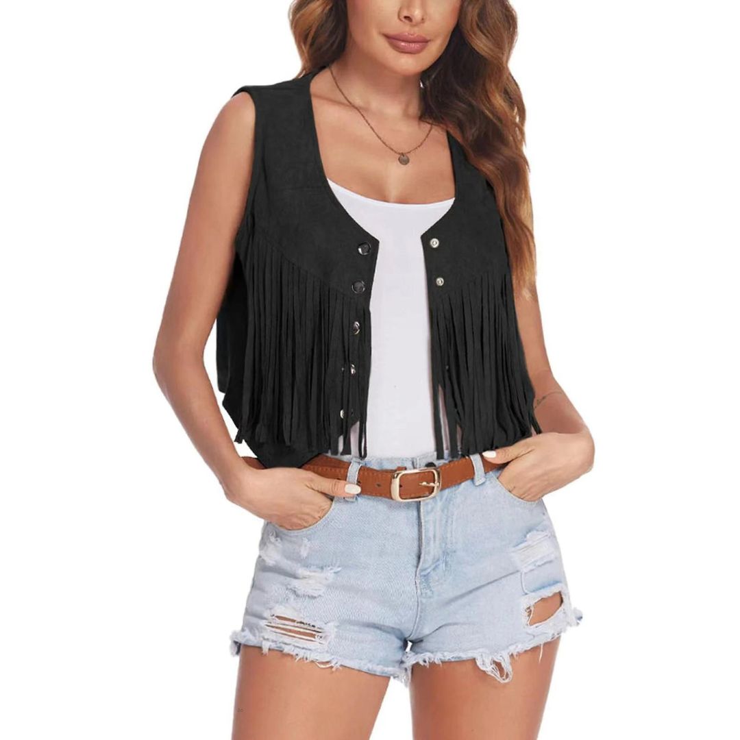 Damen-Wildlederweste – Boho-Weste mit Fransen und Knopfdetails