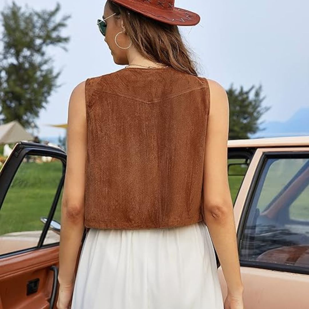 Damen-Wildlederweste – Boho-Weste mit Fransen und Knopfdetails