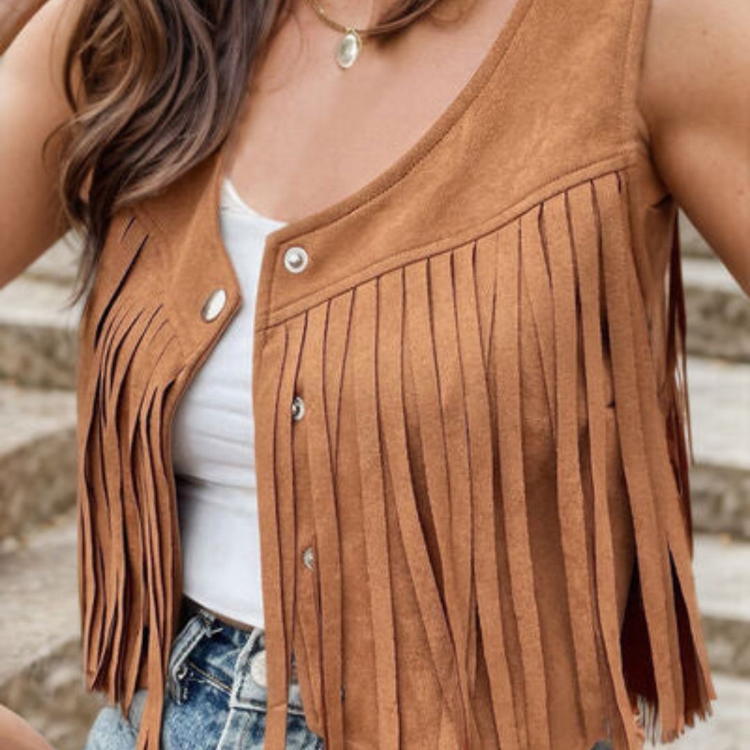 Damen-Wildlederweste – Boho-Weste mit Fransen und Knopfdetails