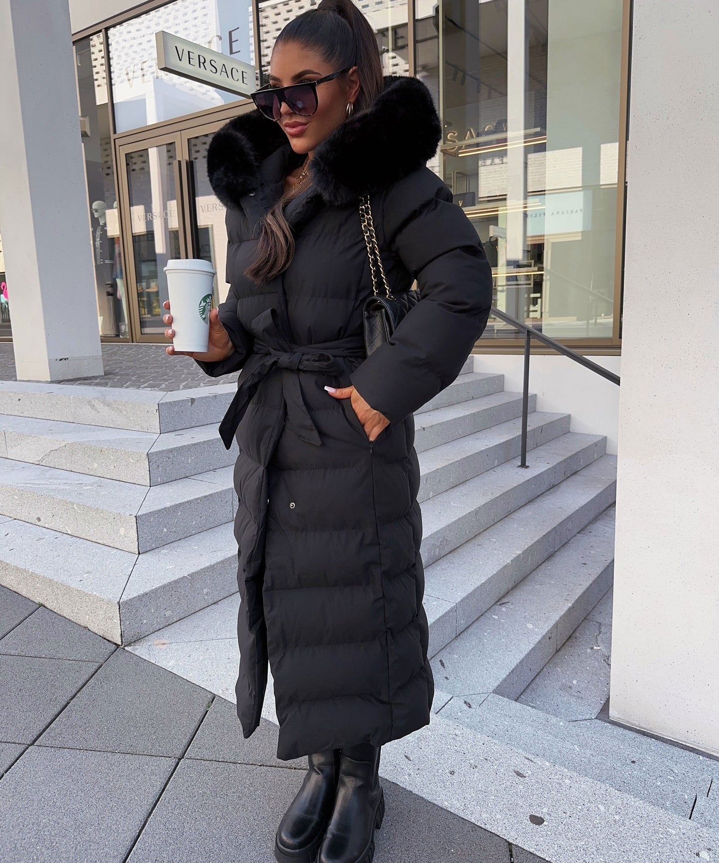 Damen-Winter-Puffer-Mantel mit Gürtel