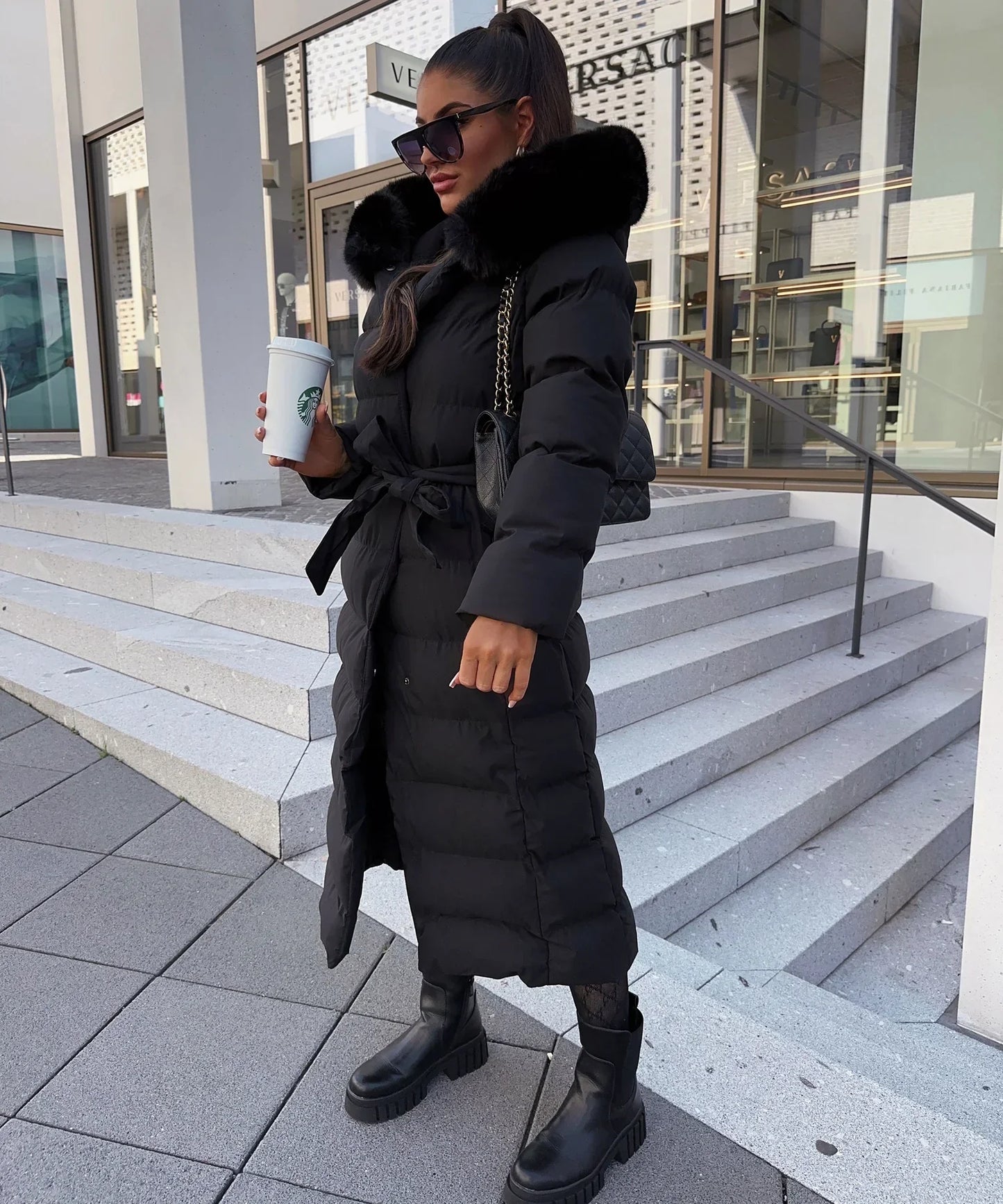 Damen-Winter-Puffer-Mantel mit Gürtel