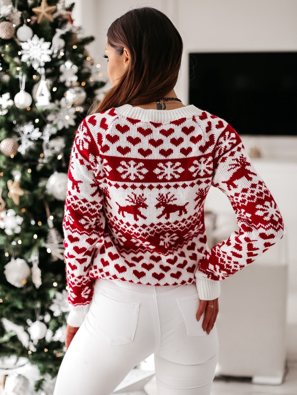 Damen-Winterpullover mit Schneeflocken- und Rentiermuster