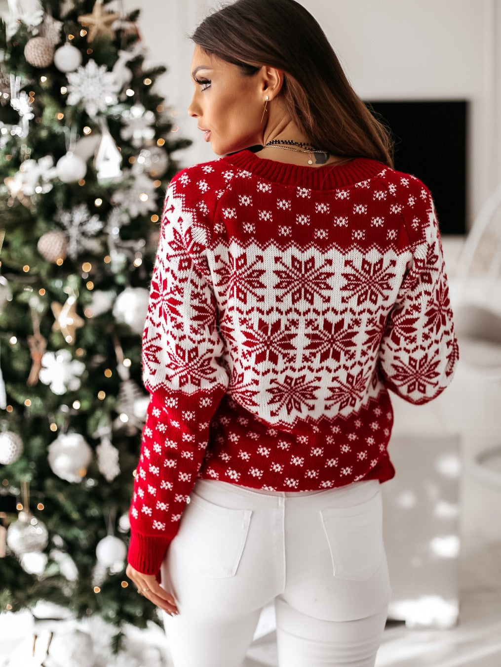 Damen-Winterpullover mit Schneeflocken- und Rentiermuster