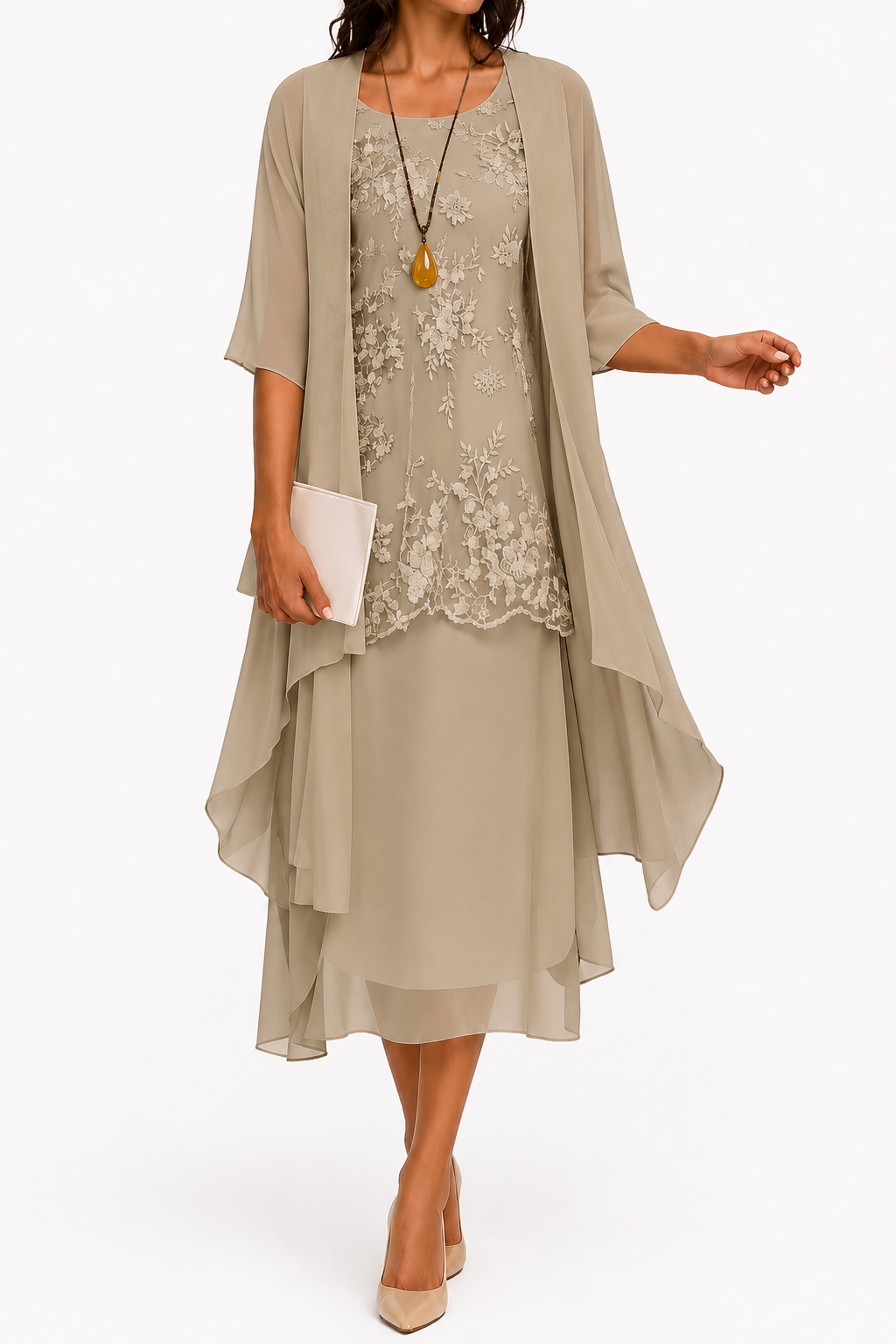 Damenkleid mit Rundhalsausschnitt und 3/4-Ärmeln für Hochzeitsgäste mit Blumenmuster in Midilänge