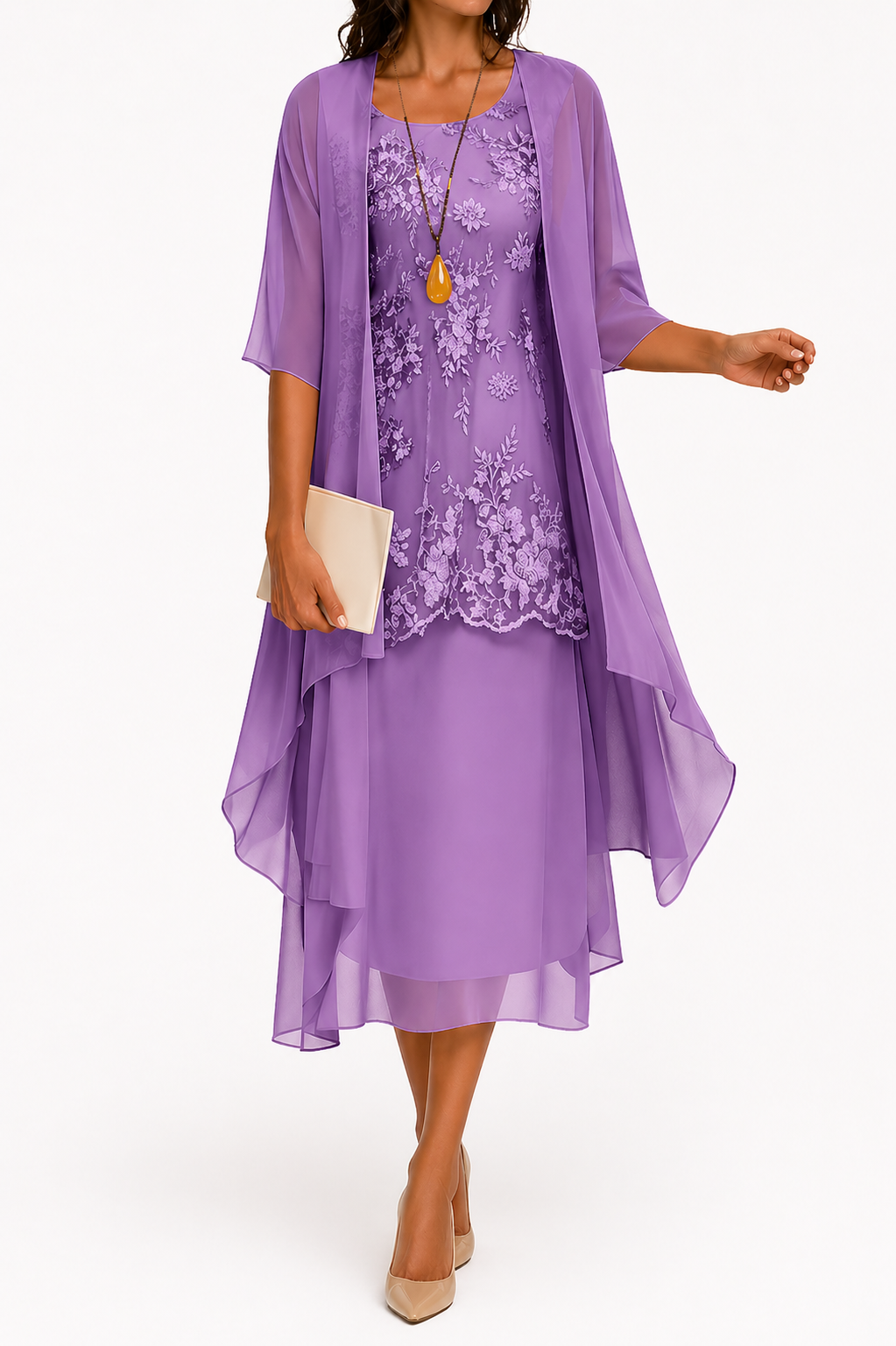Damenkleid mit Rundhalsausschnitt und 3/4-Ärmeln für Hochzeitsgäste mit Blumenmuster in Midilänge