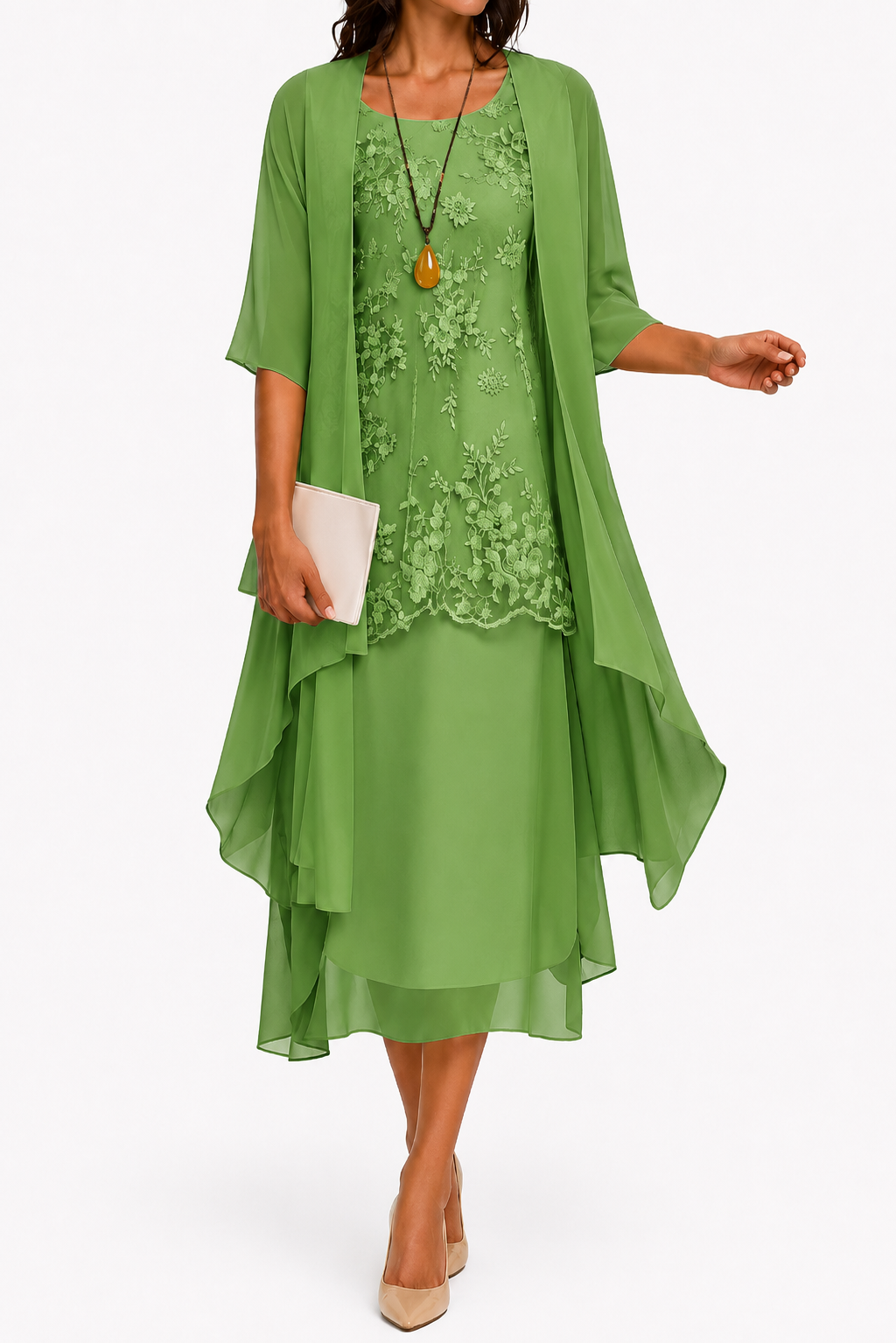 Damenkleid mit Rundhalsausschnitt und 3/4-Ärmeln für Hochzeitsgäste mit Blumenmuster in Midilänge