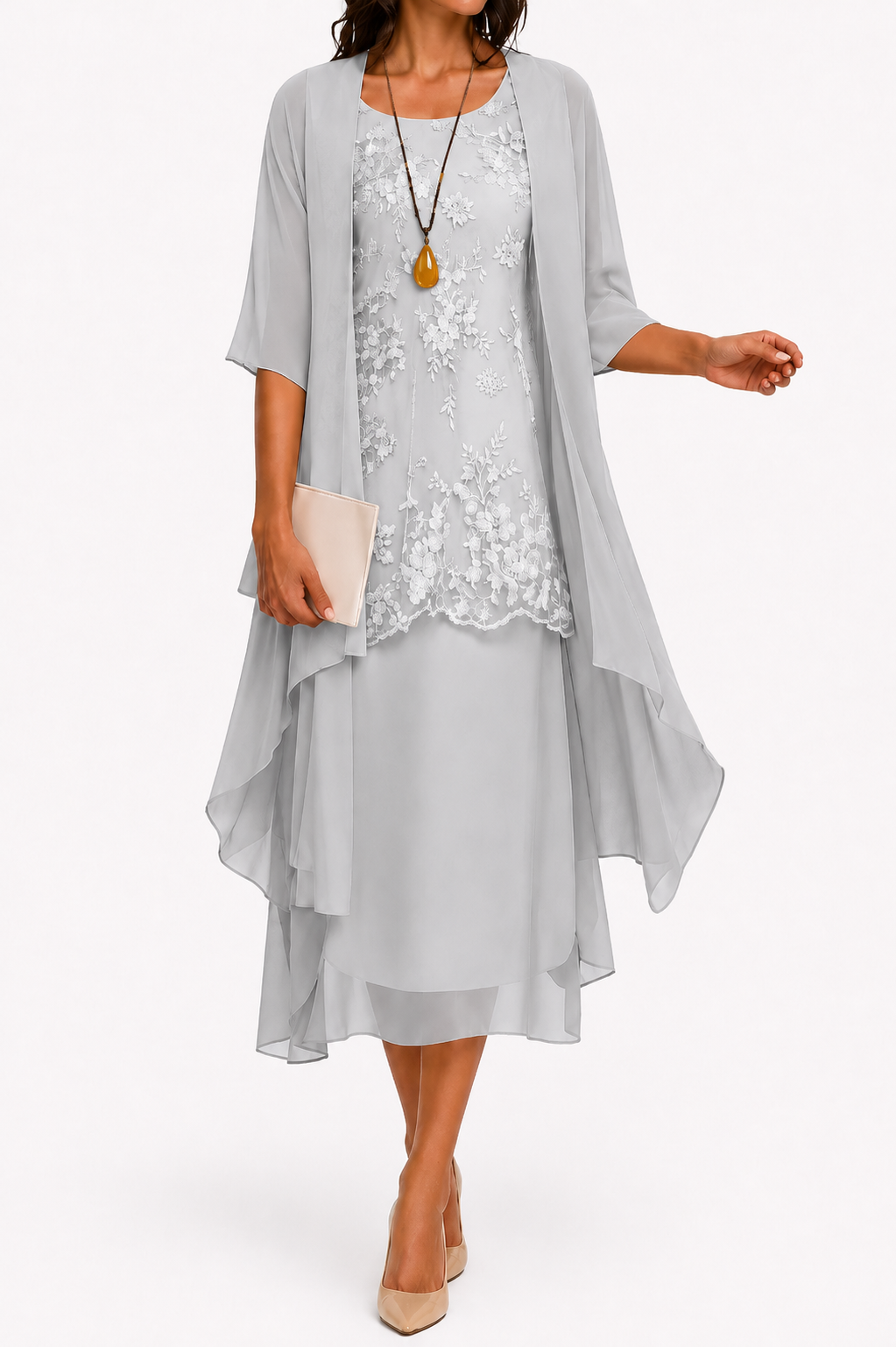 Damenkleid mit Rundhalsausschnitt und 3/4-Ärmeln für Hochzeitsgäste mit Blumenmuster in Midilänge