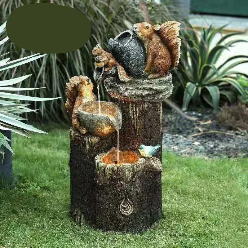 Dekorativer Solarbrunnen Ente & Eichhörnchen | Gartenfigur mit LED-Beleuchtung | Wetterfestes Kunstharz | Für Terrasse & Balkon