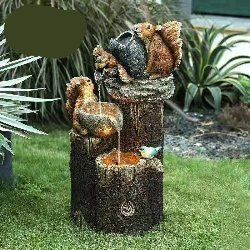 Dekorativer Solarbrunnen Ente & Eichhörnchen | Gartenfigur mit LED-Beleuchtung | Wetterfestes Kunstharz | Für Terrasse & Balkon