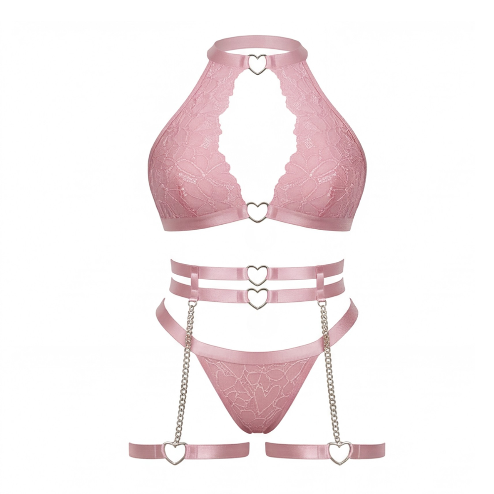 Dessous-Set aus Spitze mit Herz-Kettendetails und Strumpfhaltern