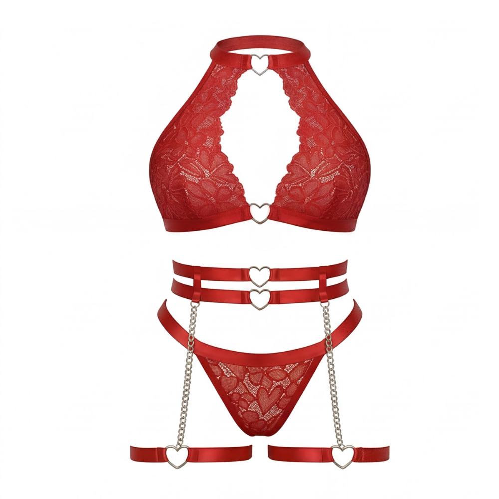 Dessous-Set aus Spitze mit Herz-Kettendetails und Strumpfhaltern