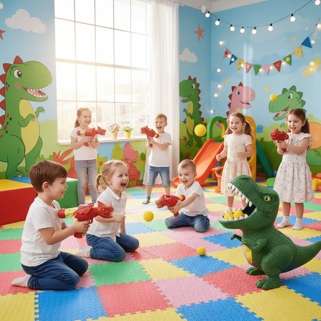 Dinosaurier-Schießspiel für Kinder mit weichen Schaumstoffbällen und Zielscheibe