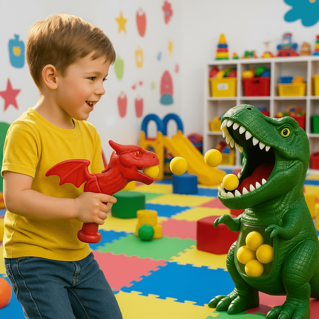 Dinosaurier-Schießspiel für Kinder mit weichen Schaumstoffbällen und Zielscheibe