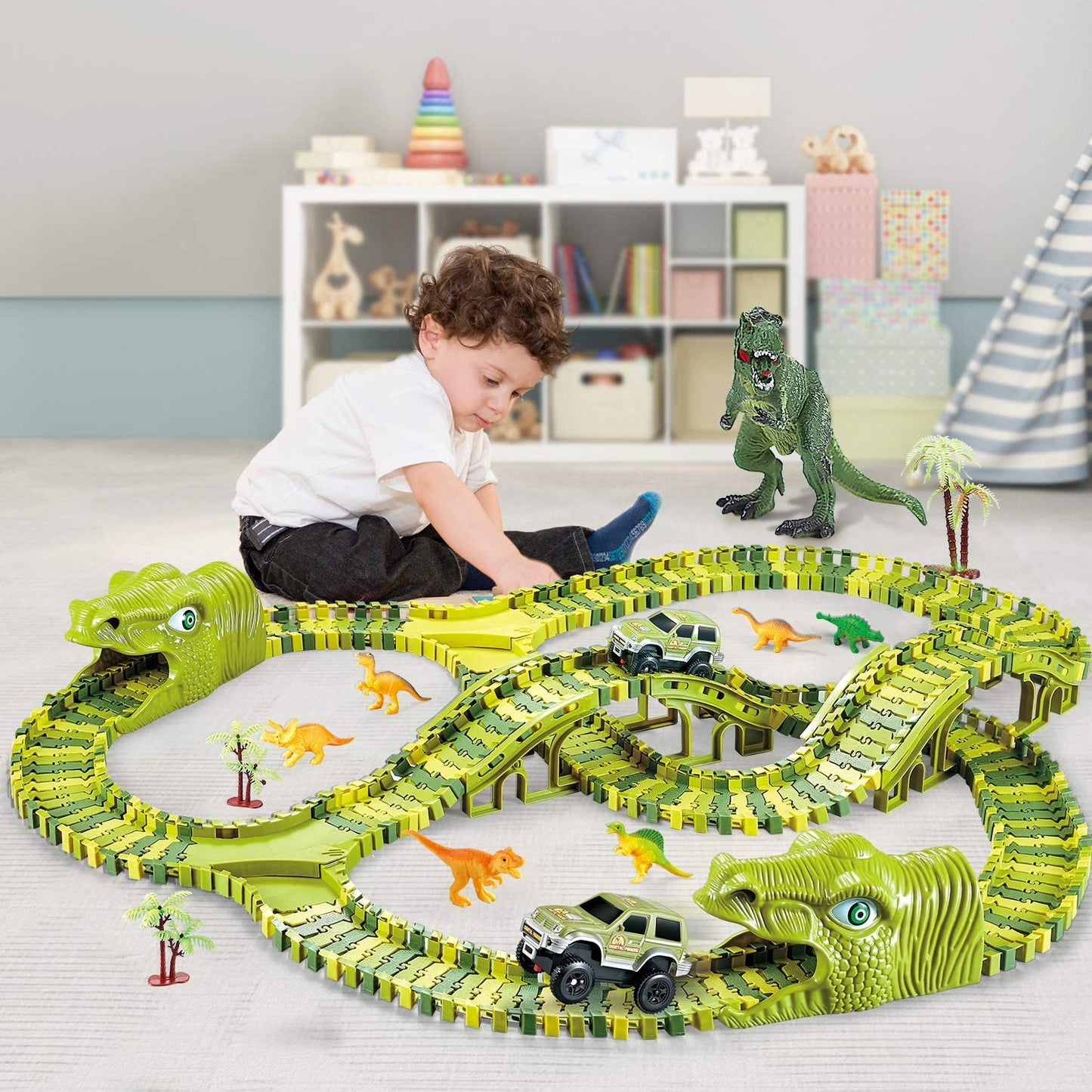 Dinosaurier-Spielzeug-Set – 360°-Abenteuer-Rennbahn mit Licht und Sound