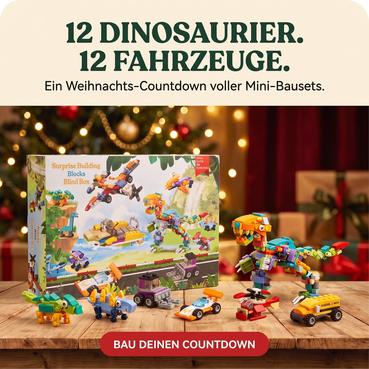Dinosaurier- und Fahrzeug-Adventskalender, 24 Mini-Modelle mit großem T. rex