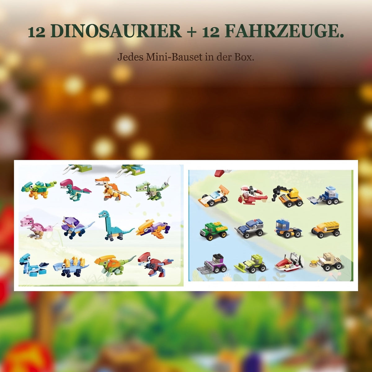Dinosaurier- und Fahrzeug-Adventskalender, 24 Mini-Modelle mit großem T. rex