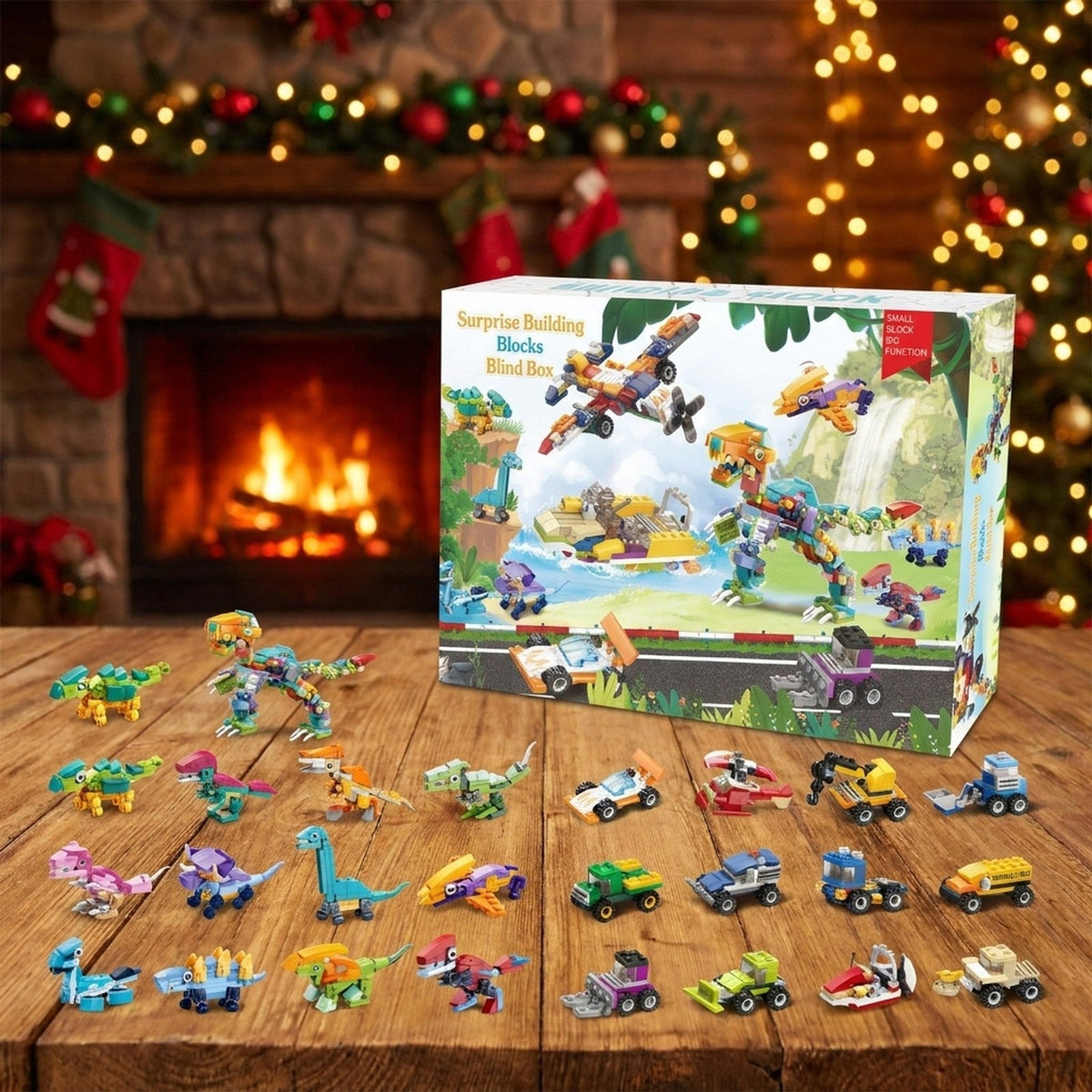 Dinosaurier- und Fahrzeug-Adventskalender, 24 Mini-Modelle mit großem T. rex
