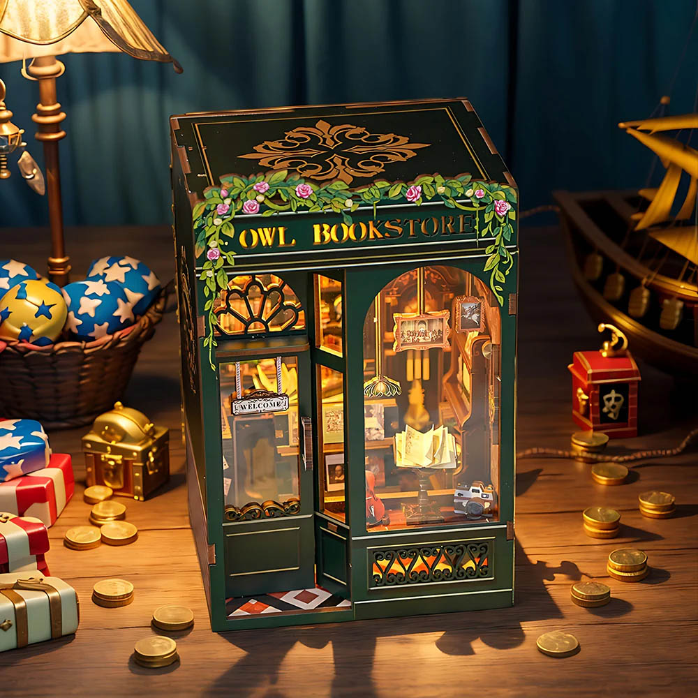 DIY-Book-Nook-Bausatz „Owl Bookstore“ mit LED-Beleuchtung, 88 Teile
