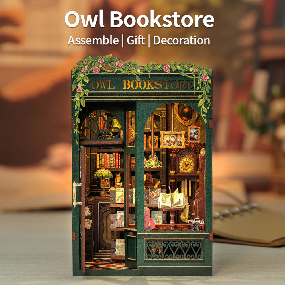 DIY-Book-Nook-Bausatz „Owl Bookstore“ mit LED-Beleuchtung, 88 Teile