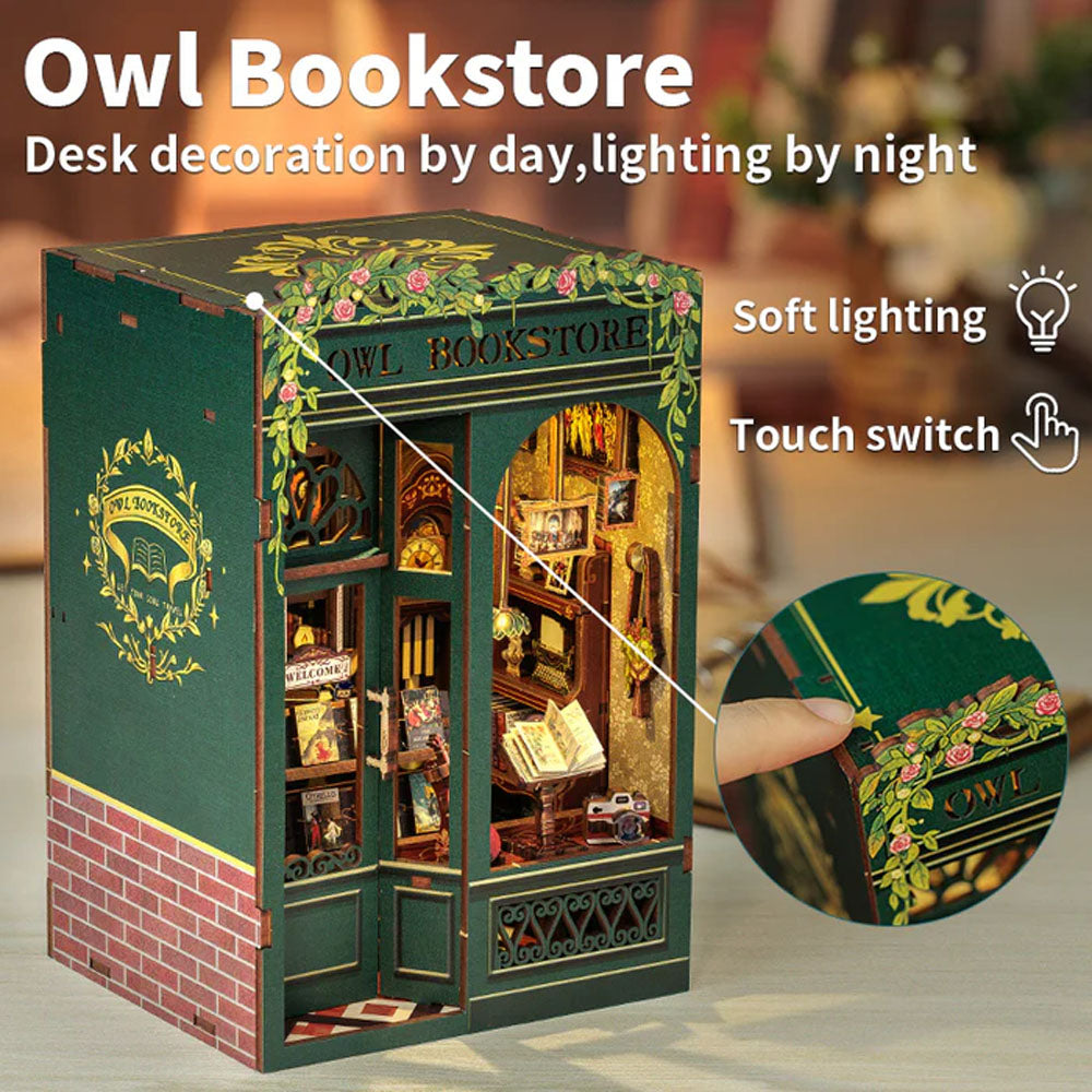 DIY-Book-Nook-Bausatz „Owl Bookstore“ mit LED-Beleuchtung, 88 Teile