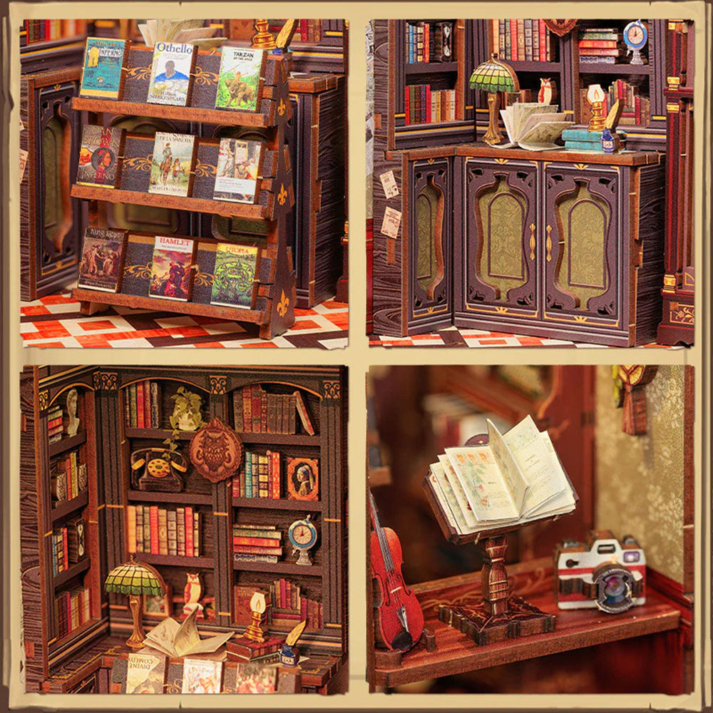 DIY-Book-Nook-Bausatz „Owl Bookstore“ mit LED-Beleuchtung, 88 Teile