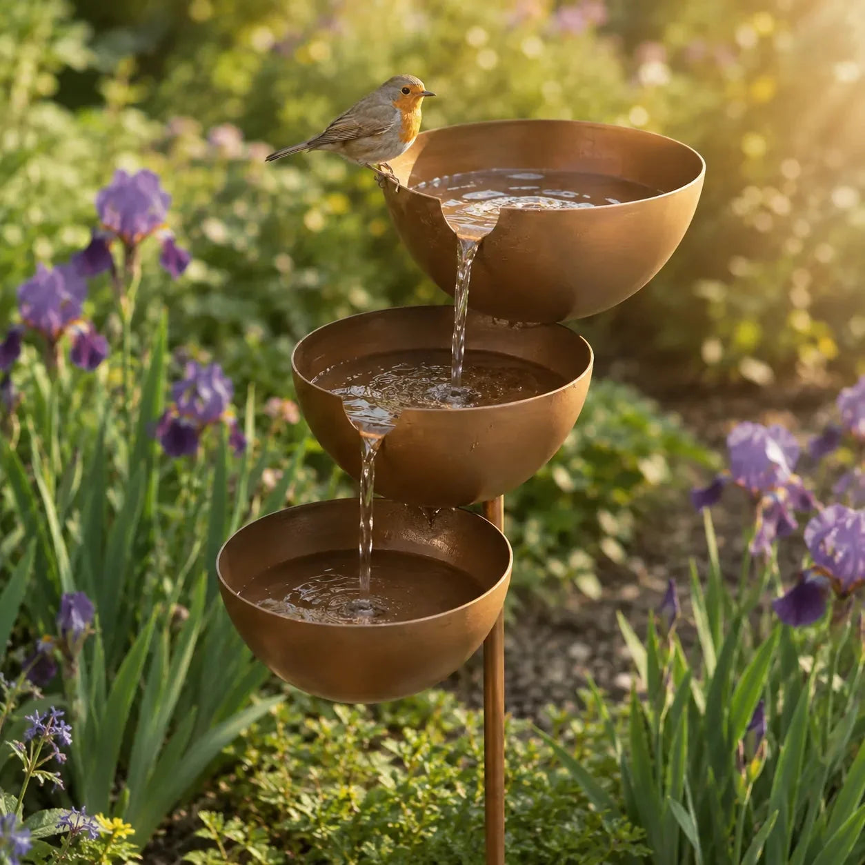 Dreistufiger Gartenstecker als Vogeltränke mit kaskadierenden Regenauffangschalen