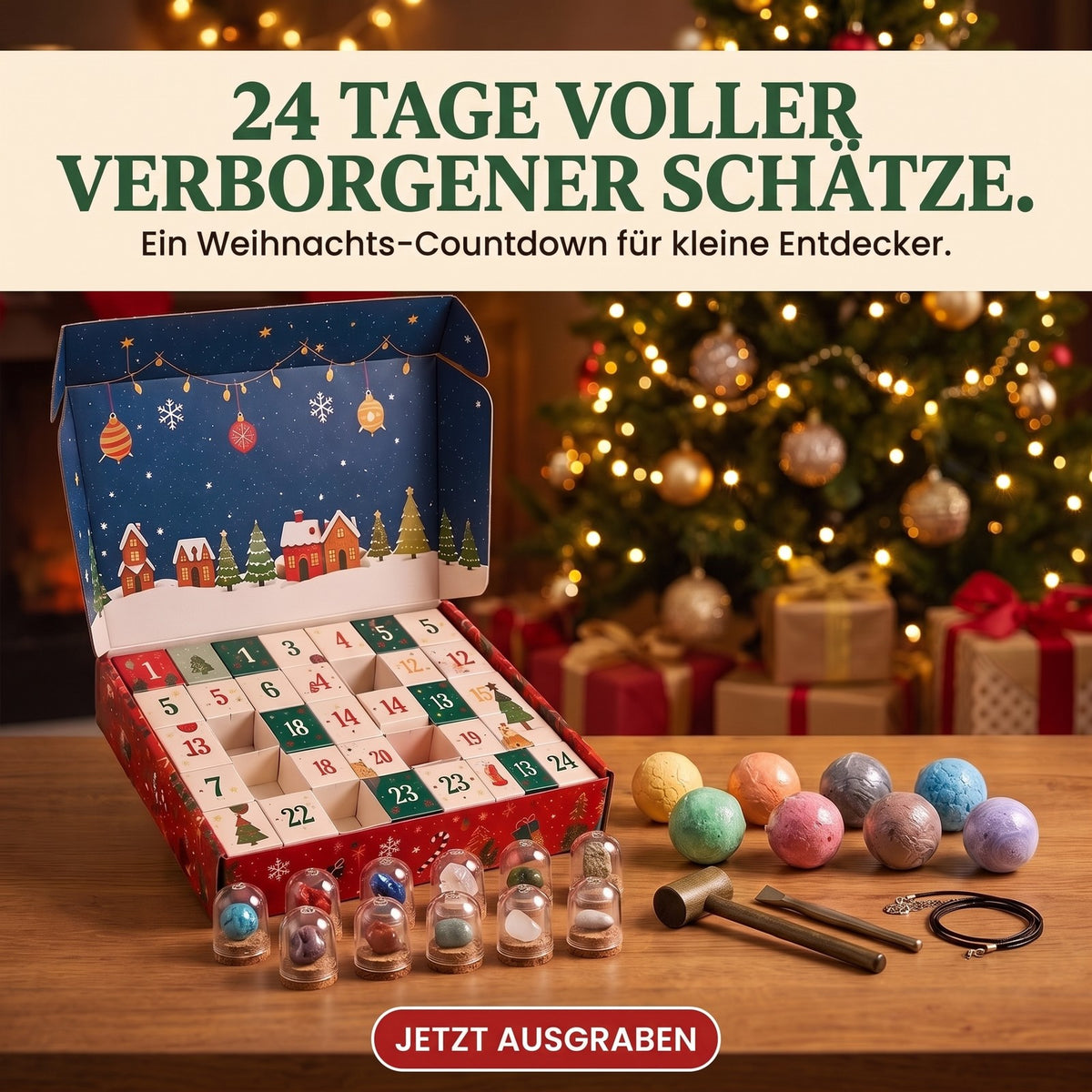 Edelstein-Ausgrabungs-Adventskalender für Kinder, 24 Tage voller verborgener Schätze