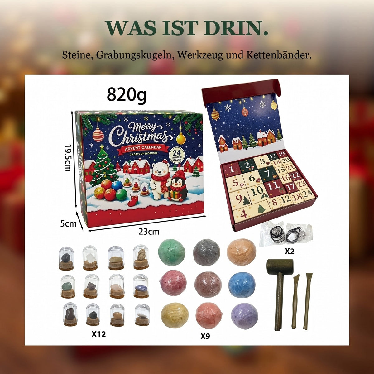 Edelstein-Ausgrabungs-Adventskalender für Kinder, 24 Tage voller verborgener Schätze