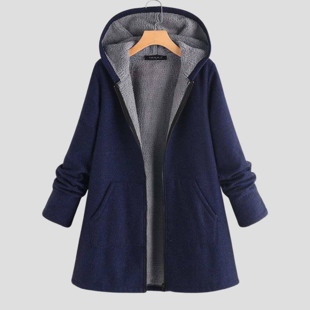 Einfarbiger Fleece-Mantel mit Kapuze für Damen