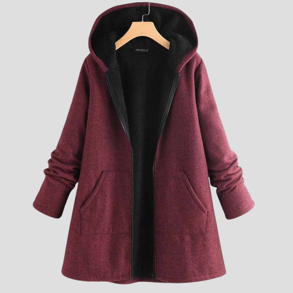 Einfarbiger Fleece-Mantel mit Kapuze für Damen