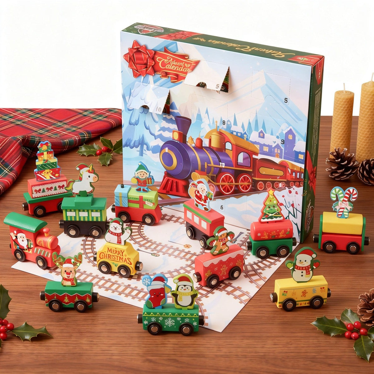 Eisenbahn-Adventskalender mit 12 magnetisch verbindbaren Fahrzeugen mit Friktionsantrieb