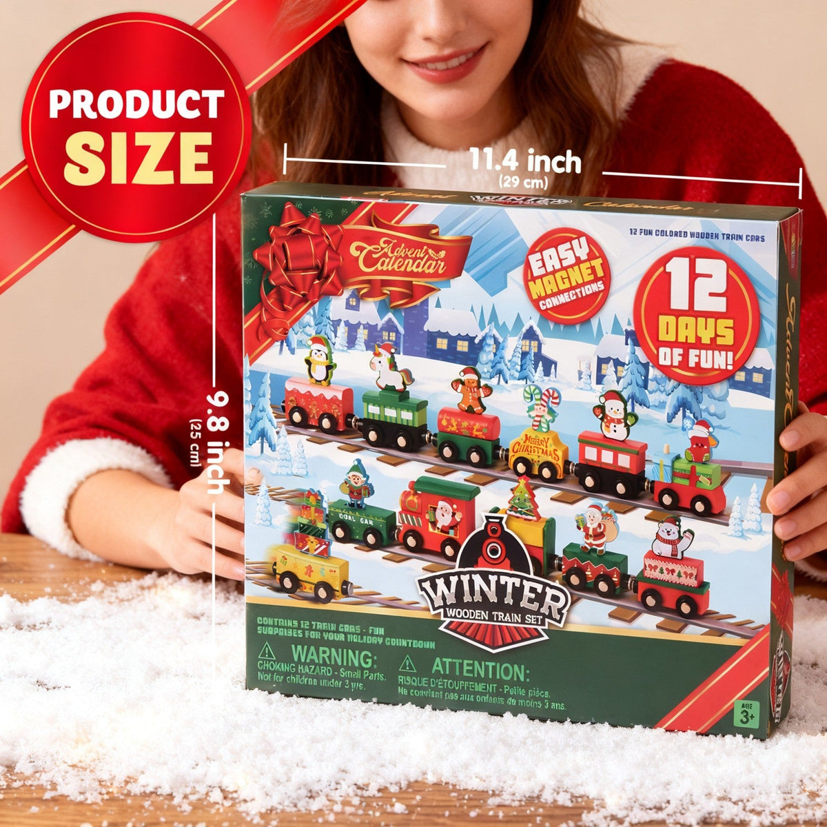 Eisenbahn-Adventskalender mit 12 magnetisch verbindbaren Fahrzeugen mit Friktionsantrieb
