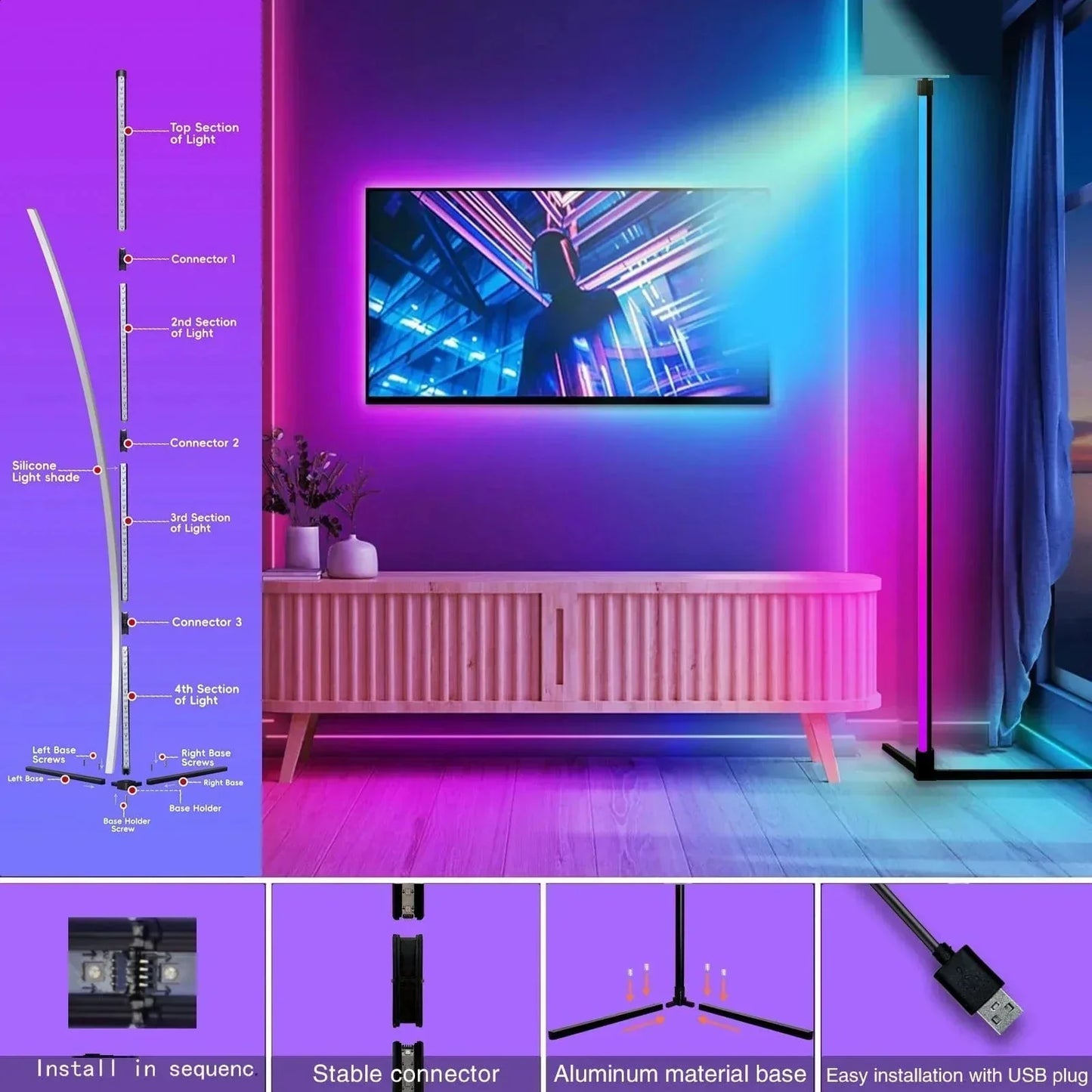 Elegante RGB-Ecklampe mit Fernbedienung – Moderne Beleuchtung