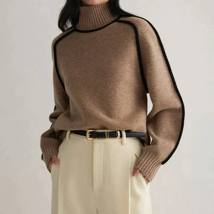 Eleganter Kaschmir-Rollkragenpullover für Damen mit feinen Kontrastdetails