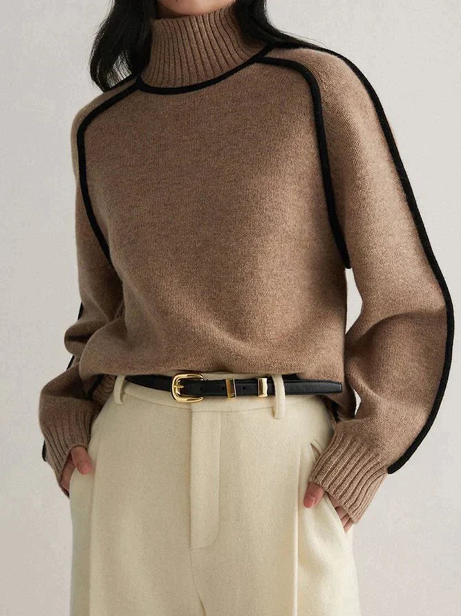 Eleganter Kaschmir-Rollkragenpullover für Damen mit feinen Kontrastdetails
