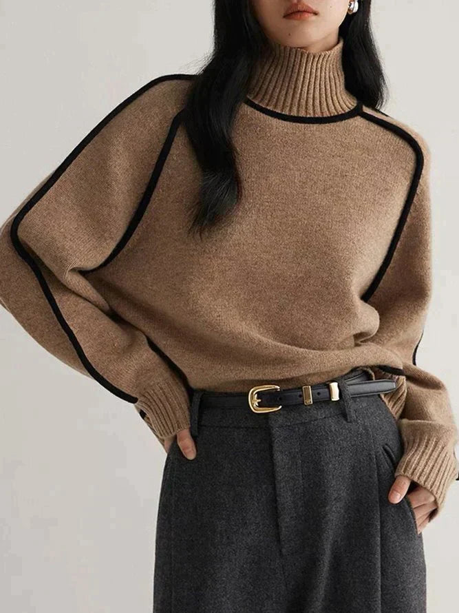 Eleganter Kaschmir-Rollkragenpullover für Damen mit feinen Kontrastdetails