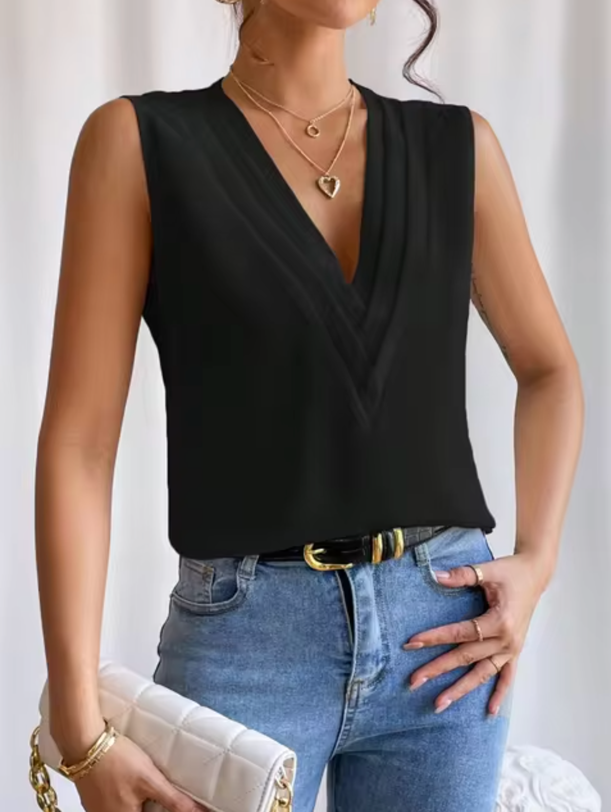 Elegantes Ärmelloses Damen-Top mit Plissee und V-Ausschnitt
