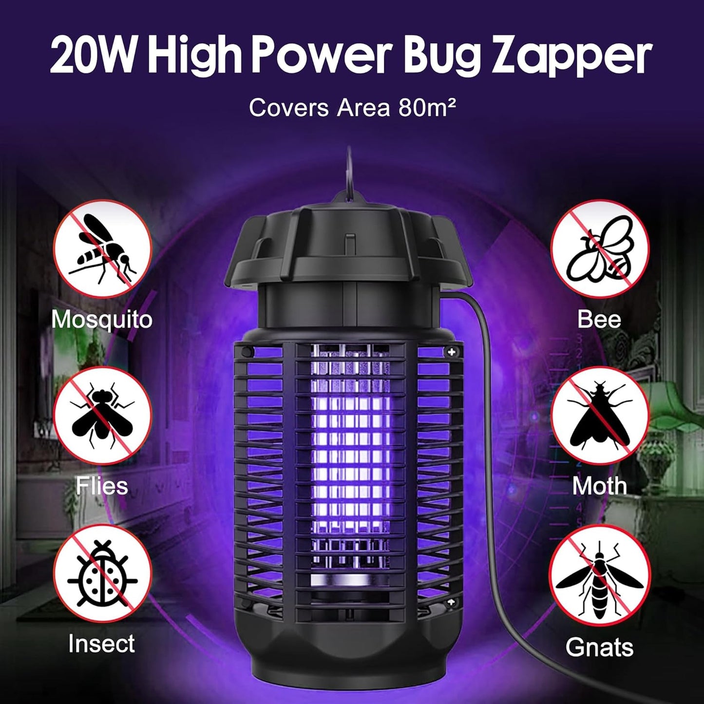 Elektrischer Insektenvernichter mit 20W UV-Licht und 4200V Hochspannungsgitter, IPX4 wasserdicht