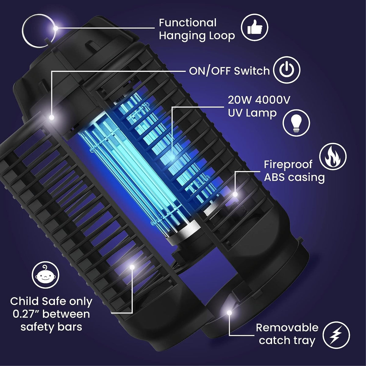 Elektrischer Insektenvernichter mit 20W UV-Licht und 4200V Hochspannungsgitter, IPX4 wasserdicht