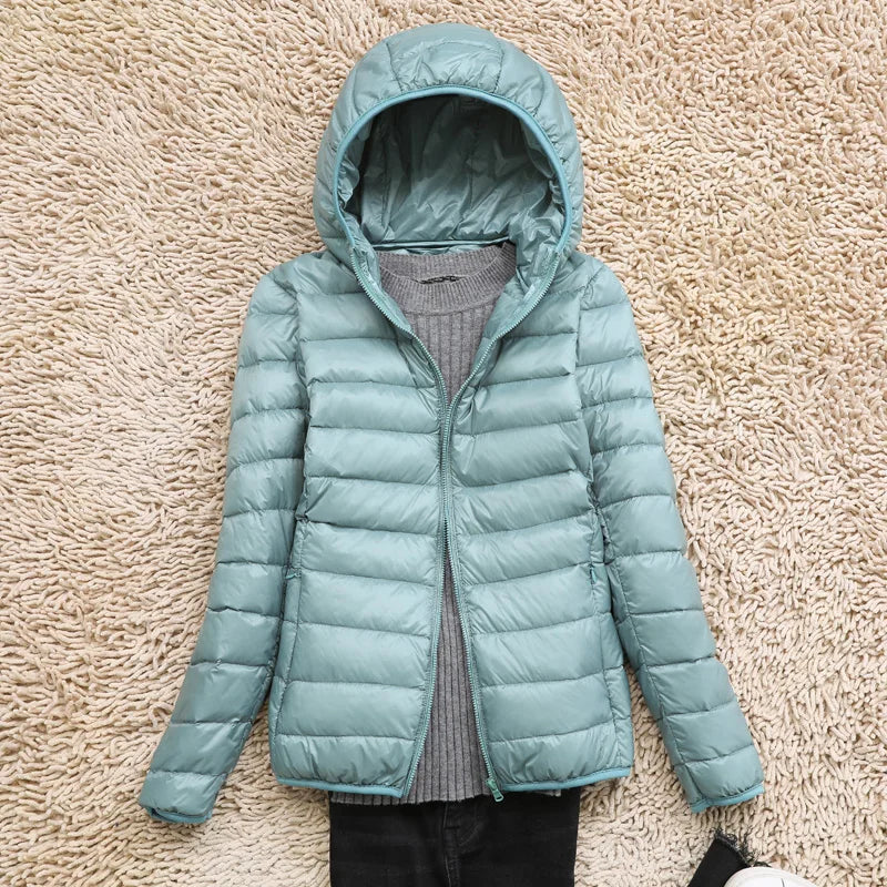 Federleichte, faltbare Damen-Daunenjacke mit Kapuze in Taupe