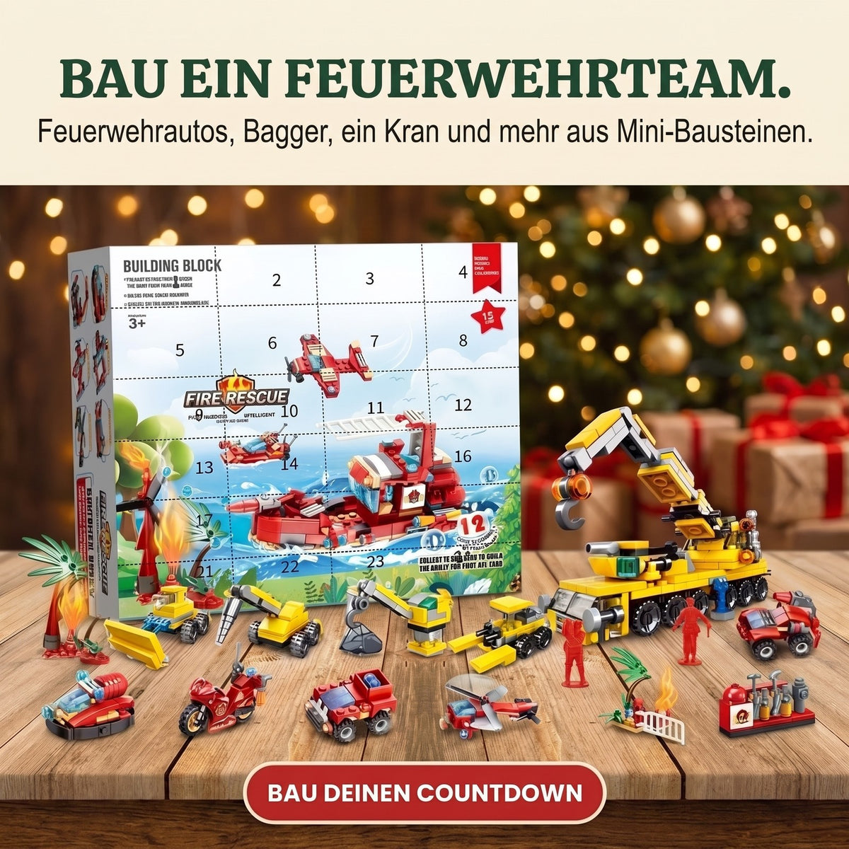 Feuerwehr- und Baufahrzeug-Adventskalender, Mini-Fahrzeuge + große Modelle