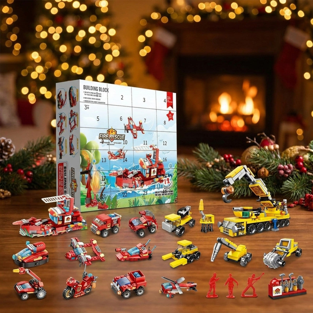 Feuerwehr- und Baufahrzeug-Adventskalender, Mini-Fahrzeuge + große Modelle